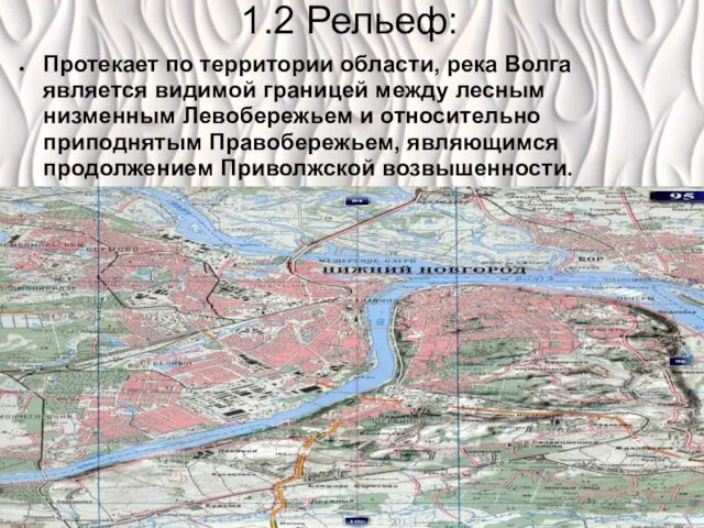 1.2 Рельеф: Протекает по территории области, река Волга является видимой границей