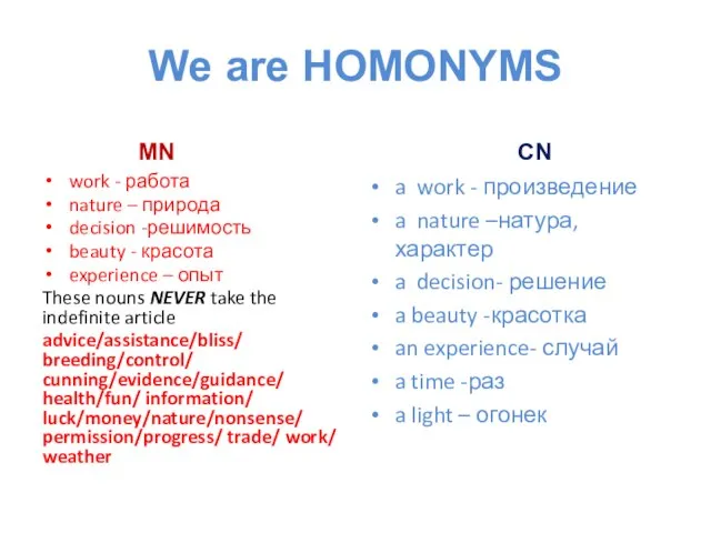 We are HOMONYMS MN work - работа nature – природа decision