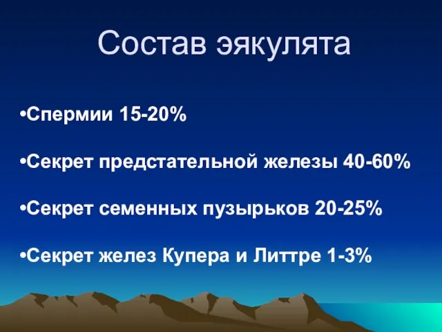 Состав эякулята Спермии 15-20% Секрет предстательной железы 40-60% Секрет семенных пузырьков