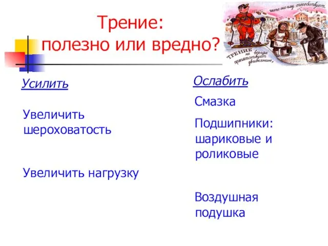 Трение: полезно или вредно? Увеличить шероховатость Увеличить нагрузку Смазка Подшипники: шариковые