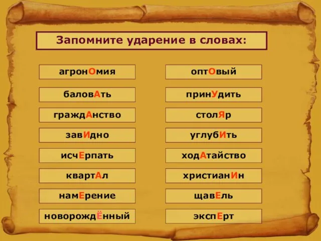 Запомните ударение в словах: агронОмия баловАть граждАнство завИдно исчЕрпать квартАл намЕрение