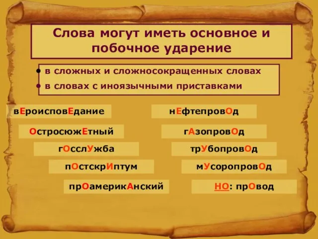 Слова могут иметь основное и побочное ударение вЕроисповЕдание гОсслУжба ОстросюжЕтный пОстскрИптум