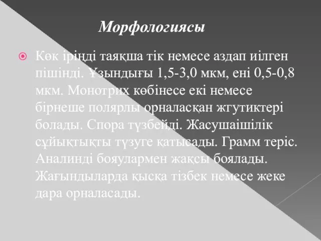 Көк іріңді таяқша тік немесе аздап иілген пішінді. Ұзындығы 1,5-3,0 мкм,