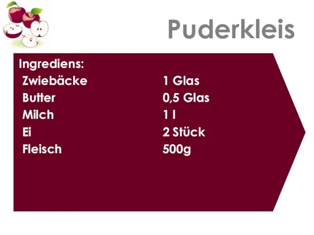 Puderkleis Ingrediens: Zwiebäcke Butter Milch Ei Fleisch 1 Glas 0,5 Glas 1 l 2 Stück 500g