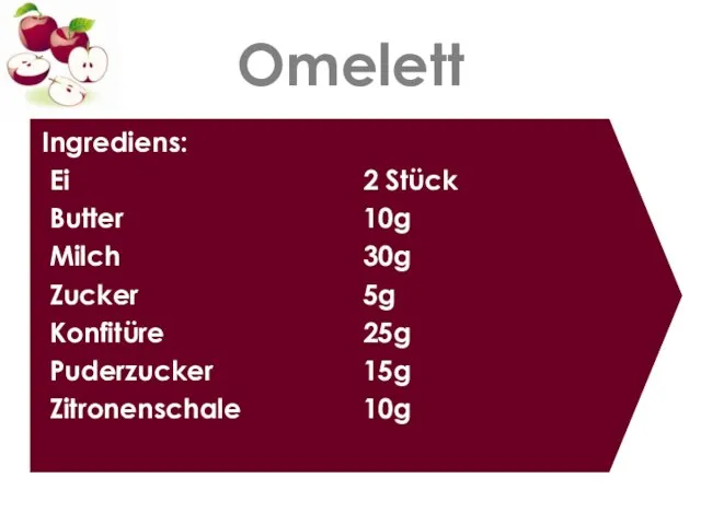 Omelett Ingrediens: Ei Butter Milch Zucker Konfitüre Puderzucker Zitronenschale 2 Stück