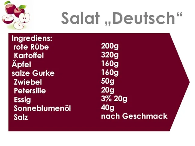 Salat „Deutsch“ Ingrediens: rote Rübe Kartoffel Äpfel salze Gurke Zwiebel Petersilie