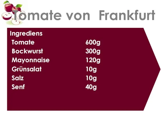 Tomate von Frankfurt Ingrediens Tomate Bockwurst Mayonnaise Grünsalat Salz Senf 600g 300g 120g 10g 10g 40g