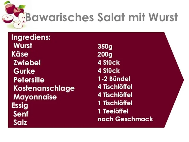 Bawarisches Salat mit Wurst Ingrediens: Wurst Käse Zwiebel Gurke Petersille Kostenanschlage