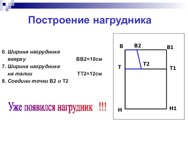 Построение нагрудника 6. Ширина нагрудника вверху ВВ2=10см 7. Ширина нагрудника на