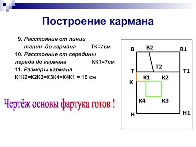 Построение кармана 9. Расстояние от линии талии до кармана ТК=7см 10.