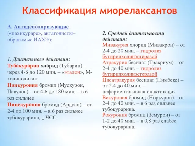 А. Антидеполяризующие («пахикураре», антагонисты–обратимые ИАХЭ): 1. Длительного действия: Тубокурарин хлорид (Тубарин)