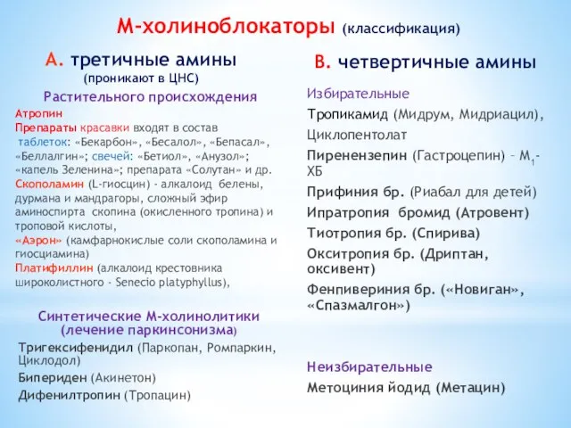 А. третичные амины (проникают в ЦНС) Растительного происхождения Атропин Препараты красавки