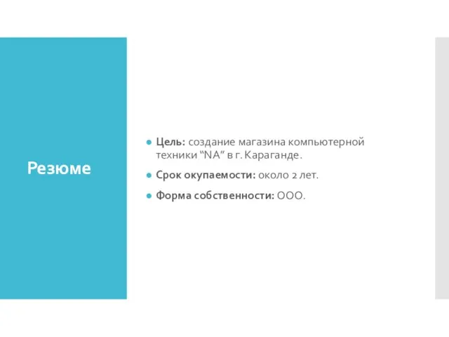 Резюме Цель: создание магазина компьютерной техники “NA” в г. Караганде. Срок