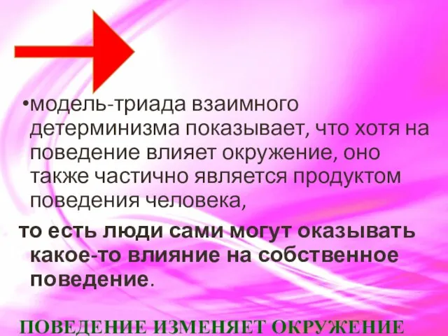 модель-триада взаимного детерминизма показывает, что хотя на поведение влияет окружение, оно