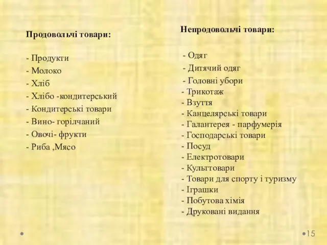 Непродовольчі товари: - Одяг - Дитячий одяг - Головні убори -