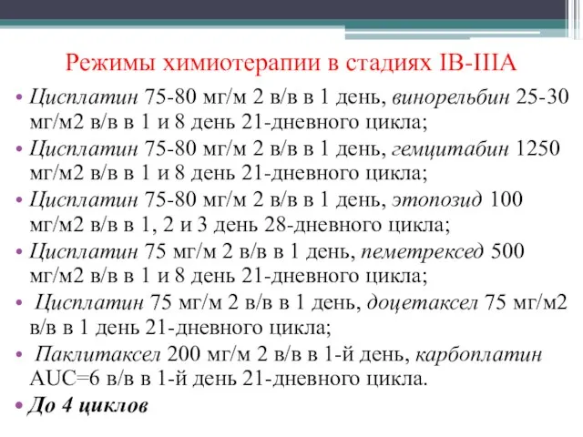 Режимы химиотерапии в стадиях IB-IIIА Цисплатин 75-80 мг/м 2 в/в в