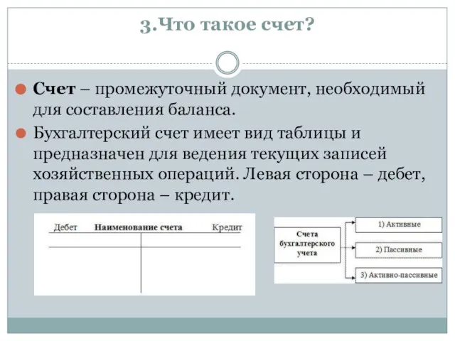 3.Что такое счет? Счет – промежуточный документ, необходимый для составления баланса.