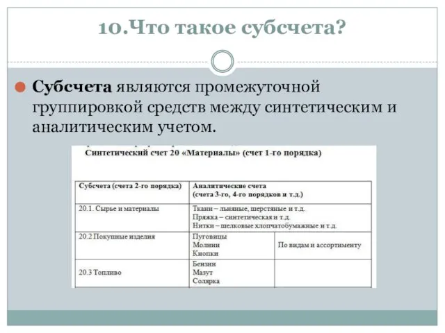 10.Что такое субсчета? Субсчета являются промежуточной группировкой средств между синтетическим и аналитическим учетом.