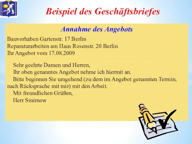 Beispiel des Geschäftsbriefes