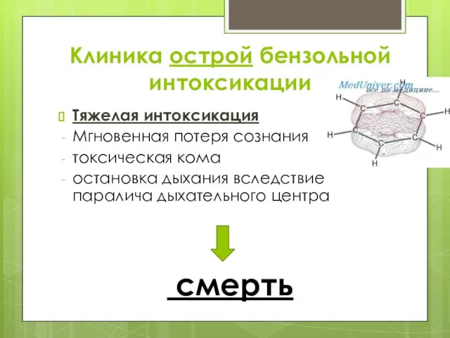 Клиника острой бензольной интоксикации Тяжелая интоксикация Мгновенная потеря сознания токсическая кома