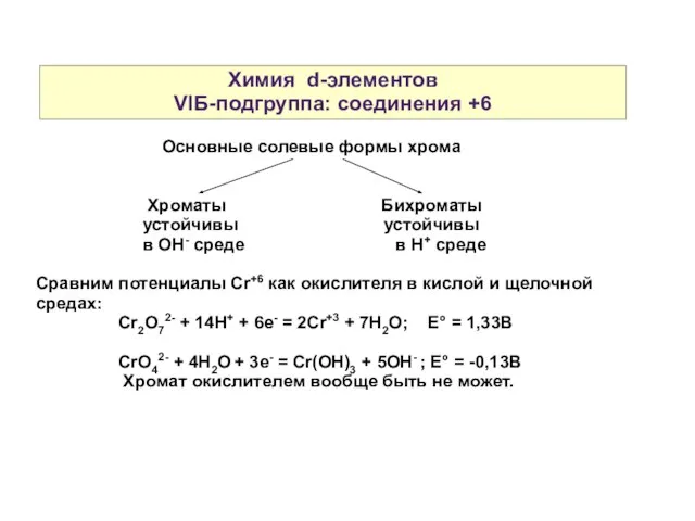 Химия d-элементов VIБ-подгруппа: соединения +6 Основные солевые формы хрома Хроматы Бихроматы