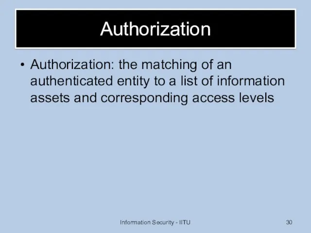 Authorization Authorization: the matching of an authenticated entity to a list