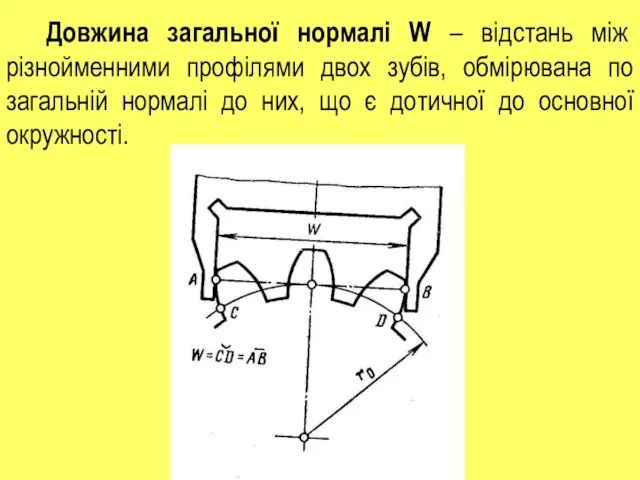 Довжина загальної нормалі W – відстань між різнойменними профілями двох зубів,