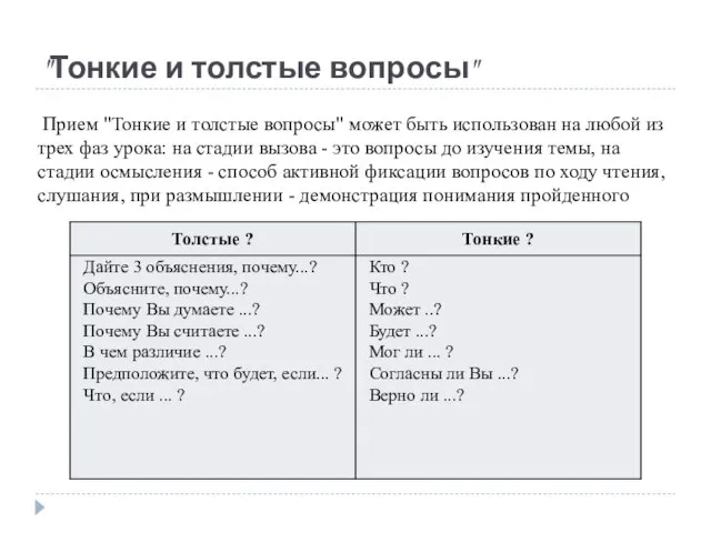 "Тонкие и толстые вопросы" Прием "Тонкие и толстые вопросы" может быть