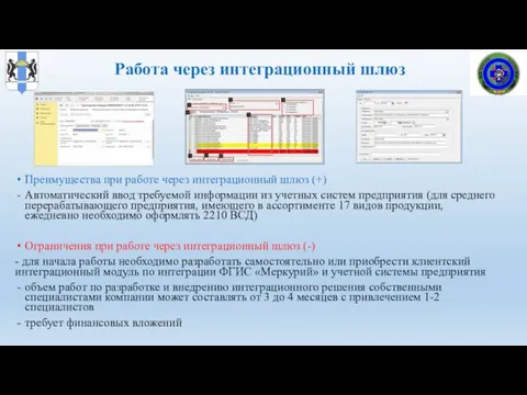 Работа через интеграционный шлюз Преимущества при работе через интеграционный шлюз (+)