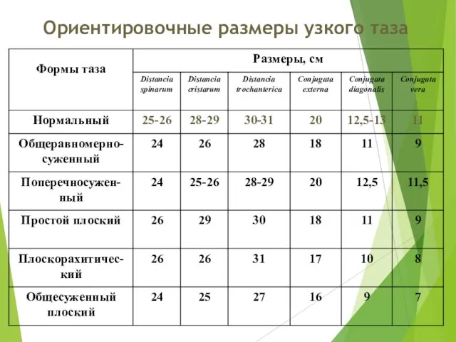 Ориентировочные размеры узкого таза