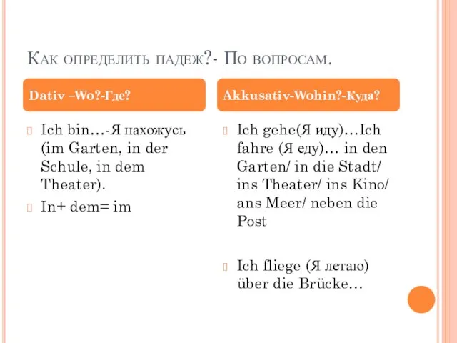 Как определить падеж?- По вопросам. Ich bin…-Я нахожусь(im Garten, in der