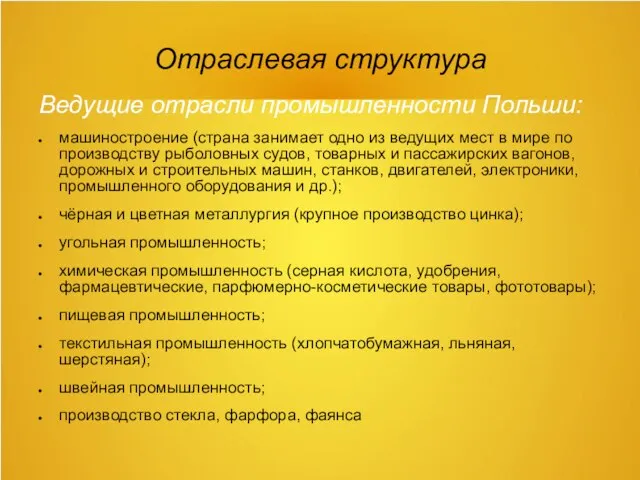 Отраслевая структура Ведущие отрасли промышленности Польши: машиностроение (страна занимает одно из