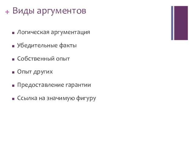 Виды аргументов Логическая аргументация Убедительные факты Собственный опыт Опыт других Предоставление гарантии Ссылка на значимую фигуру