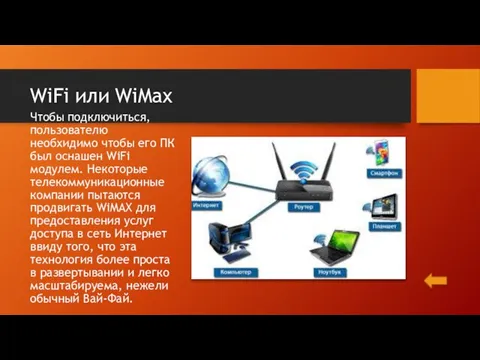 WiFi или WiMax Чтобы подключиться, пользователю необхидимо чтобы его ПК был