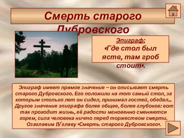 Смерть старого Дубровского Смерть старого Дубровского Эпиграф: «Где стол был яств,