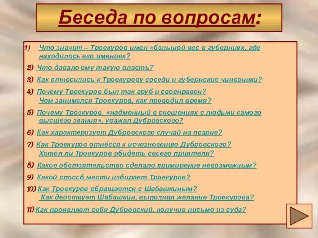 Беседа по вопросам: Беседа по вопросам: Что значит – Троекуров имел