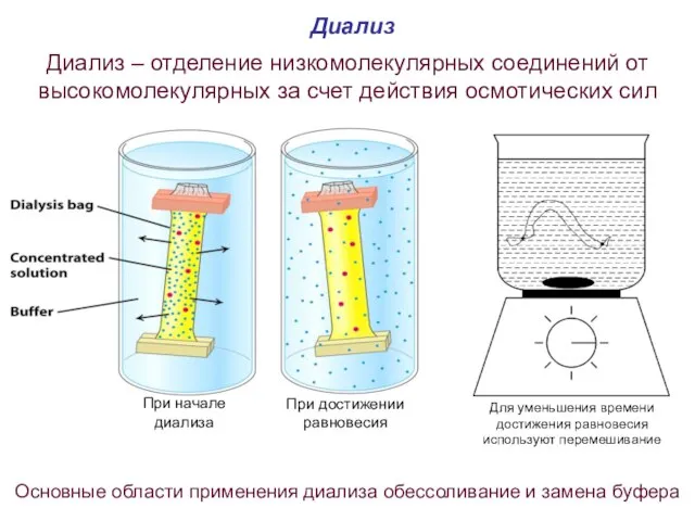 Диализ Диализ – отделение низкомолекулярных соединений от высокомолекулярных за счет действия