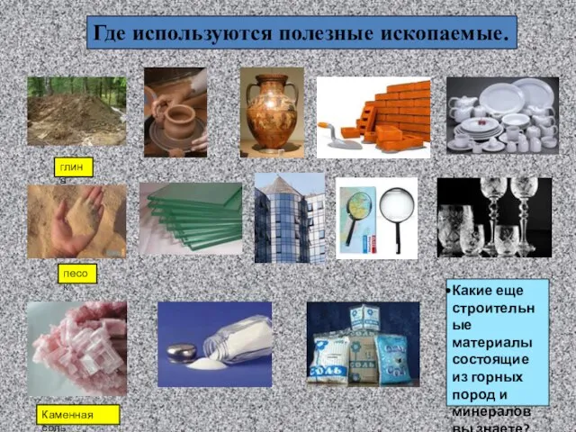 глина песок Каменная соль Какие еще строительные материалы состоящие из горных