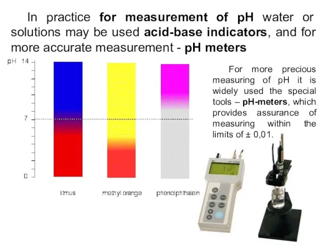 In practice for measurement of pH water or solutions may be