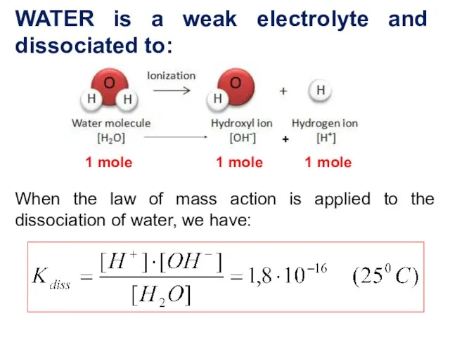 WATER is a weak electrolyte and dissociated to: When the law