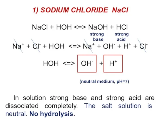 1) SODIUM CHLORIDE NaCl NaCl + HOH NaOH + HCl strong