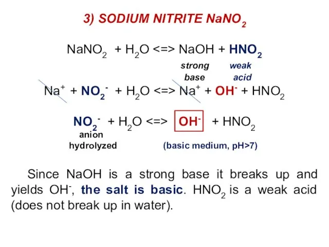 3) SODIUM NITRITE NaNO2 NaNO2 + H2O NaOH + HNO2 strong