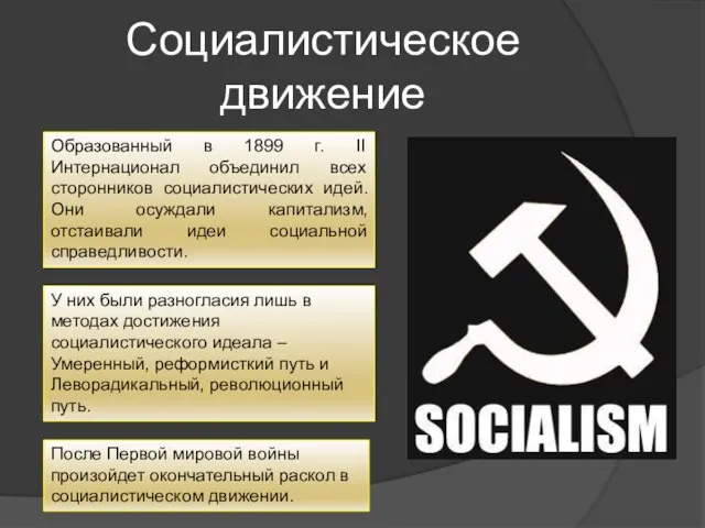 Социалистическое движение Образованный в 1899 г. II Интернационал объединил всех сторонников