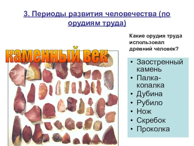 3. Периоды развития человечества (по орудиям труда) Заостренный камень Палка-копалка Дубина