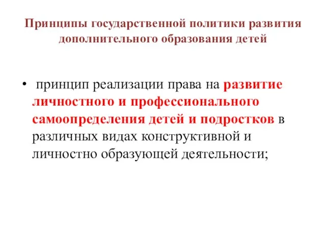 Принципы государственной политики развития дополнительного образования детей принцип реализации права на