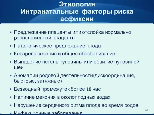 Этиология Интранатальные факторы риска асфиксии Предлежание плаценты или отслойка нормально расположенной