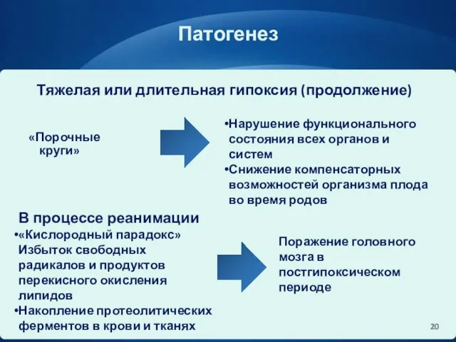 Патогенез «Порочные круги» Тяжелая или длительная гипоксия (продолжение) Нарушение функционального состояния