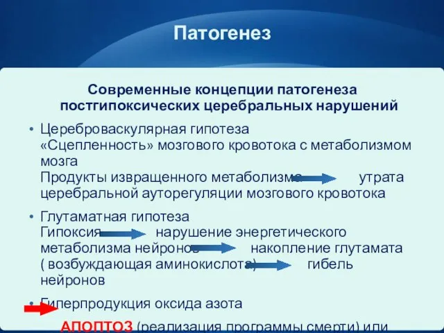 Патогенез Современные концепции патогенеза постгипоксических церебральных нарушений Цереброваскулярная гипотеза «Сцепленность» мозгового