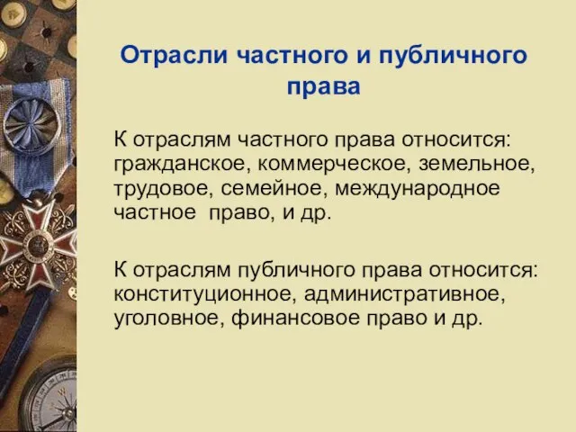 Отрасли частного и публичного права К отраслям частного права относится: гражданское,