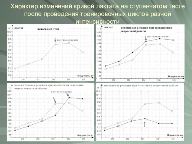 Характер изменений кривой лактата на ступенчатом тесте после проведения тренировочных циклов разной интенсивности